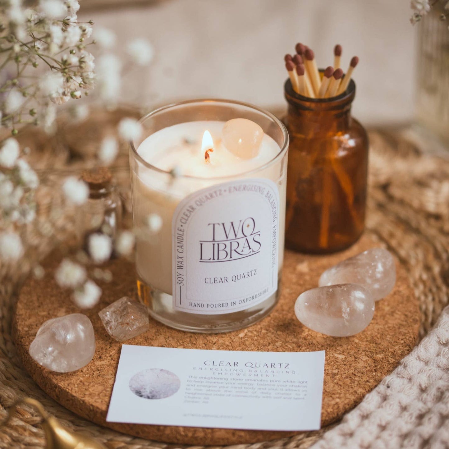 Clear Quartz Crystal Intention Candle - Energising, Balancing